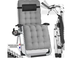 tectake® Opvouwbare Ligstoel Cloud - Tuinstoel met Tafeltje - Bekerhouder - Traploos Verstelbaar - Voor Balkon, Camping of Tuin - Relaxstoel met extra dik Kussen - Strandstoel - Ligbed - Div. kleuren - Grijs