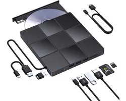 QPFO® Externe CD DVD Brander USB 3.0 - Portable CD DVD Speler en Writer - Met SD TF Card Reader - Compatibel Met Windows Mac en Linux - Zwart