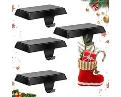 4 Pcs Fireplace Christmas Socks Coat Hangers - Black Metal Christmas Socks Holders - Non-Slip Hooks - Fireplace Gift - Coat Window Home Christmas Party Decoration