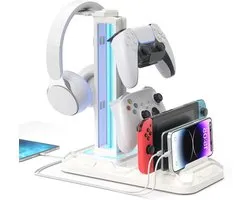 Headsetstandaard met Oplaaddock - Afneembare Controllerhouder met 9 Verlichtingsstanden, Draaiende Hoofdtelefoonhanger met USB Oplaadpoorten voor PC Gaming Accessoires en Opberging