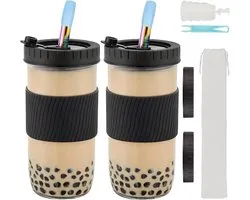 Herbruikbare Bubble Tea Cup met 2 Rietjes en 4 Deksels, 730ml/24oz Smoothie Tumbler Cups, Lekvrije Boba Tea Cup Mason Jars, Brede Rietjes voor Bubble Tea Coffee Drinks (zwart)