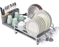 Kingrack Égouttoir à vaisselle, égouttoir à vaisselle extensible avec porte-couverts et porte-gobelet en verre amovible, égouttoir à vaisselle réglable en aluminium, égouttoir à couverts avec évacuation bec pivotant à 360 ° WKUK810266-1
