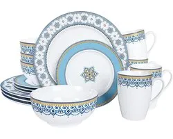 Ensemble de service Boho avec Mok, Ensembles de dîner pour 4 personnes, Service combiné 16 pièces contenant des Koms, Assiettes avec Bord Doré, Porcelaine, Blauw