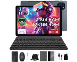 Tablette KINGRID T90 - Gemini AI - 24 Go RAM - 128 Go ROM - Avec clavier - Android 16 - 8 000 mAh - Octa Core T615 - Wi-Fi 5G - Widevine L1 - GPS - Grijs
