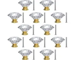 Diamond Door Knobs - Diamond Crystal Glass Cabinet Pulls - Kastgrepen - Gouden Deurknoppen - Meubelgrepen - Voor Home Decor, Dressoirladen, Bureaus, Kastdeuren - Helder Kristal, 30mm, Gouden Basis