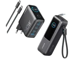 Anker PowerCore 25K Powerbank 25.000mAh - 165W - 3x 100W USB-C Poorten - Zwart + Anker 140W USB-C oplader - Geschikt als lader voor laptops - 4 poorten voor snelladen van meerdere apparaten