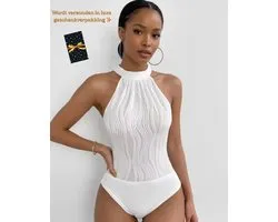 Body Dames – Elegante Witte Halter Body – Luxe Kwaliteits Bodysuit – Sexy Festival Look – Clubwear – Verfijnde Witte Lingerie Top – Stretch & Shaping – Lingerie Body Erotisch – Sexy Body – Bodystocking – Statement Piece – Maat XS/S, M, L, XL