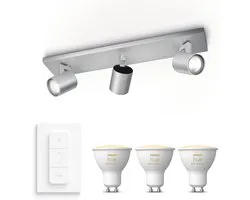 Philips Hue Runner Opbouwspot (Aluminium) - Warm tot Koelwit Licht - Incl. Hue Dimmer Switch - Plafondspot met 3 Lichtpunten - GU10 - Hue White Ambiance