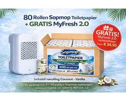 Sopmop Toiletpapier Traditioneel Cellulose Wit 2 laags, 400 vel, 20 x 4 rollen, Totaal 80 rollen & Gratis MyFresh Luchtverfrisser 2.0 inclusief navulling & Batterij