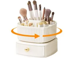 QTTVBTNA Make-up Organizer met Lade - Opbergdoos - Make up koffer- makeup – 360° Draaibare Cosmetica Organizer – Borstelhouder & Opbergsysteem - Sieraden - Organiseren - Crème wit