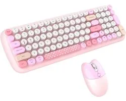 Draadloos Toetsenbord en Muis Set – Full-Size, Schattig Design, Kantoor, Typmachine Stijl, Desktop Computer, Ergonomisch, Kleurrijk- ROZE