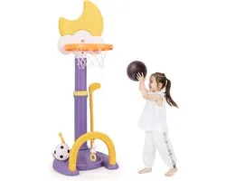COSTWAY 4-in-1 basketbalkorf voor kinderen, in hoogte verstelbaar, met basketbal, voetbal en ringworp, kinderspeelplaats met displaybord, mandinstallatie voor kinderen vanaf 3 jaar (geel)
