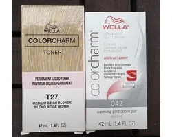 Duopack - Wella Color Charm Liquid Toner - T27 et 043 - Blond beige Medium et additif Gold chaud - Wella Toner - Coloration des cheveux Wella - Blond chaud - Anti-jaunissement