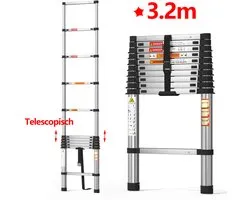 3,2 m Telescopische ladder van staal, max 150kg belasting, uitschuifbare trap met veiligheidssloten, compact opvouwbaar voor thuis en professioneel gebruik