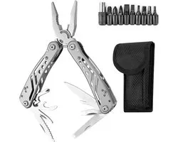 Fokelyi-22-in-1 Zakmes-Multitool met Holster-12-delige Bitset-Blikopener / Flesopener / Zakmes / Schroevendraaier-zilver