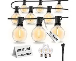 EverNeeds G40 BASE Lichtsnoer Buiten – Prikkabel 17m – 27 LED – IP44 – Lichtslinger – Sfeerverlichting Buiten en Binnen – Warm Wit 2700K – 4 Extra LED’s