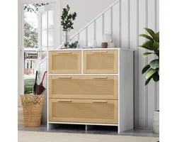 Commode en Rotin Bicolore avec 4 Tiroirs - Naturel+Blanc - Armoire de Rangement Multifonctionnelle - 80x80x38cm - pour Chambre, Couloir, Salon