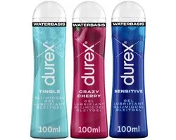 Durex - 3 Lubrifiants - Pour un Toucher Sensuel - À Base d'Eau - Crazy Cherry 100 ml - Gel Picotement 100 ml - Sensitive 100 ml