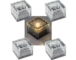 Chilitec Solar sierstenen verlichting lampjes IP65, set van 4 lichten met schemersensor, warm wit - kubus - vierkant - glas - kunststof - decoratie verlichting