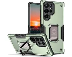 Smartphonica Rugged Armour case voor Samsung Galaxy S22 Ultra met verstelbare ringhouder - Groen geschikt voor Samsung Galaxy S22 Ultra