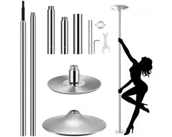 NaevaMi Professionele Danspaal - Verstelbaar in hoogte: 2,24 m tot 2,74 m - Roterend en Statisch - 200KG Draagvermogen - Paaldansen - Danspaal Spinning - Dansstang Woonkamer - Pole Dance - Dance Pole - Zilver/Chroom