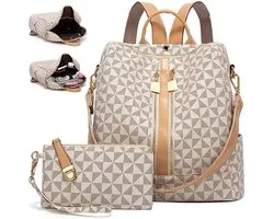 MODFU Anti-Diefstal Rugzak / Backpack Dames – 2-in-1 met Bijpassende Portemonnee – Geometrisch Design – PU Leer – Voor Werk, Shoppen & Reis – Beige