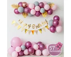 Sellaio Balloon Arch avec Guirlandes et drapeaux - Rose - Ballons' anniversaire - Décoration - Baby shower - Comprend une bande et une pompe - Ensemble complet - 57 ballons