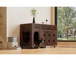 Kattenbak-Kast-Verplaatsbaar-Geïsoleerd-Met-Bewaarruimte-Notenhout-100x45x66cm
