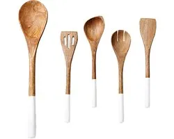 Set d'ustensiles de cuisine Somstyle 5 pièces - Spatule, cuillère de service et spatule à pâtisserie - Batterie de cuisine - Ensemble de cuisine en bois - Marron/ Wit
