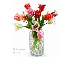 Fleurs sur 12 - Bouquet de Soie - Tulipes - 7 Tiges - Couleurs Mixtes - Branches de Bouleau.
