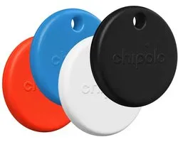 Chipolo POP - Bluetooth Tracker & KeyFinder - Werkt met Apple Find My & Android Find My Device - Tracker Apple iPhone & Android - 120 dB - Zwart & Wit & Rood & Blauw - 4 Pack