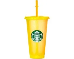 Starbucks Cup - Gobelet à changement de couleur Glitter Yellow fluo - Summer 2025 - Avec paille et couvercle - Réutilisable - Gobelet à café glacé - Gobelet à milkshake - Gobelet - Édition Limited
