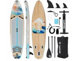 Luxe Opblaasbaar SUP Board - Houtlook Design - 200kg Draagvermogen - Extra Stabiel Stand Up Paddle Board - 2 Personen - 335×86×15 cm - Complete Set met Pomp, Peddel & Rugzak