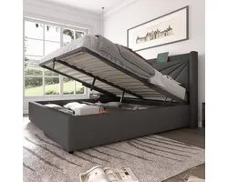 Lit double rembourré avec espace de rangement sous le lit et tête de lit chargeur USB Type C, cadre de lit rangement en lin lit jeune 180x200 avec sommier à lattes (sans matelas) gris