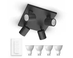 Philips Hue Runner Opbouwspot (Zwart) - Warmwit Licht - Incl. Hue Dimmer Switch - Plafondspot met 4 Lichtpunten - GU10 - Hue White