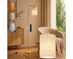 Lampadaire Rosnek avec abat-jour en lin - Lampadaire LED dimmable - avec télécommande - minuterie - interrupteur au pied - Lampe de lecture intelligente E27 pour salon, chambre et bureau - H 165 cm - Or