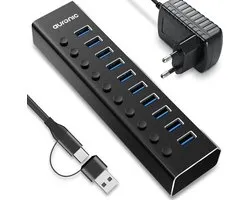 Auronic USB C Hub - USB Splitter met Voeding - 10 Poorten - USB 3.0 - Docking Station - USB C naar USB A - 5 Gbps - Zwart