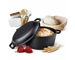 MIRO® Cocotte de Cuisson en Fonte 17 Pièces - Cocotte de Cuisson - Dutch Oven - Cast Iron - Cocotte à Pain - Pour Levain & Pain Artisanal – Y Compris Banneton & Accessoires - 26 CM - Noir