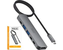 Rolio USB C Hub - 35cm kabel - 1x HDMI 4K@60Hz - 3x USB-C - 2x USB-A - USB Splitter - Geschikt voor Macbook Pro / Air / Windows / Universeel
