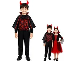 Joya Kids® | Costume enfant vampire | Costume de Dracula pour garçon | Costume d'Halloween avec cape, oreilles de diable et chemise skelet | Déguisement Zwart et rouge | Déguisements taille 110