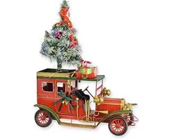 Florence Decorations Voiture de Noël classique avec sapin de Noël et cadeaux, Décoration de village de Noël Vintage , Collections de modèles rétro en métal étain, 47 x 18 x 40 cm