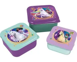 Unicorn Academy 3-in-1 Snackdoosjes - 3 formaten - Vierkant - Sluit goed af - Lunchboxen voor kinderen - Los deksel - Geschikt voor koekjes, fruit en snacks - Paars/Groen