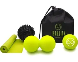 Massagebal SET 4 in 1 plus E-boek met oefeningen - Dubbele bal Lacrosse Elastische Band - Triggerpointtherapie en Myofasciale Massage stretching foam roller
