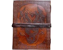 Embossed Double Dragon Leather Notebook - Vintage Style Journal with Cord Closure Pocket - Travel Journal Writing Book for Women and Girls - Antique Genuine Leather Journal 17x12cm - Birthday Gift Sketchbook