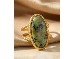 Lundholm luxe Ring Dames Goud Kleurig met Natuur Steen Groen - Verstelbare Ring One Size - Verstelbare Cuff Ring met Grote Groene Natuursteen – Gold Plated PVD Sienna Serie