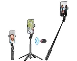 Xssive SELFIE6 Mini Selfie Stick Tripod - Telefoon Statief 105cm - Selfiestick geschikt voor iPhone Android - Tripod Smartphone met Bluetooth Afstandsbediening - Quadripod Standaard - Uitschuifbaar - Draagbaar Reis Statief - Zwart