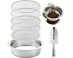 Grondzeefset -Tuinzeef - 5-in-1 grondzeefset - Compostzeef - Zeefmaten van 1, 3, 6, 9 en 12 mm - Inclusief schep en zeefframe - Geschikt voor het zeven van grond, compost, stenen, tuinafval en kattenbakvulling - Zilver