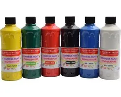 Tempera verf 250 ML - 6 stuks - Blauw - Geel - Groen - Rood - Wit - Zwart - Set van 6x Acrylverf / temperaverf - 6 kleuren - Fles 250 ml - Tempera / acryl verf - Hobby - knutselmateriaal - Schilderij maken - Verf op waterbasis - Hobby