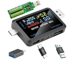 Multifunctionele USB-tester, type C, digitaal meetapparaat voor spanning, stroom en stroomvoorzieningscapaciteit, DC 4,5-36 V, 0-8 A, multiple met adapter type C-C en USB-aansluiting, opladen