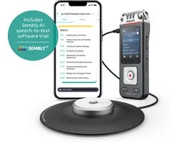 Philips DVT8115 Audiorecorder - 360° Tafelmicrofoon - 3Mic Stereo, 24-bits/96 kHz - Sembly Ai spraakherkenning - Smartphone-app - Etui met opbergvak - USB-C